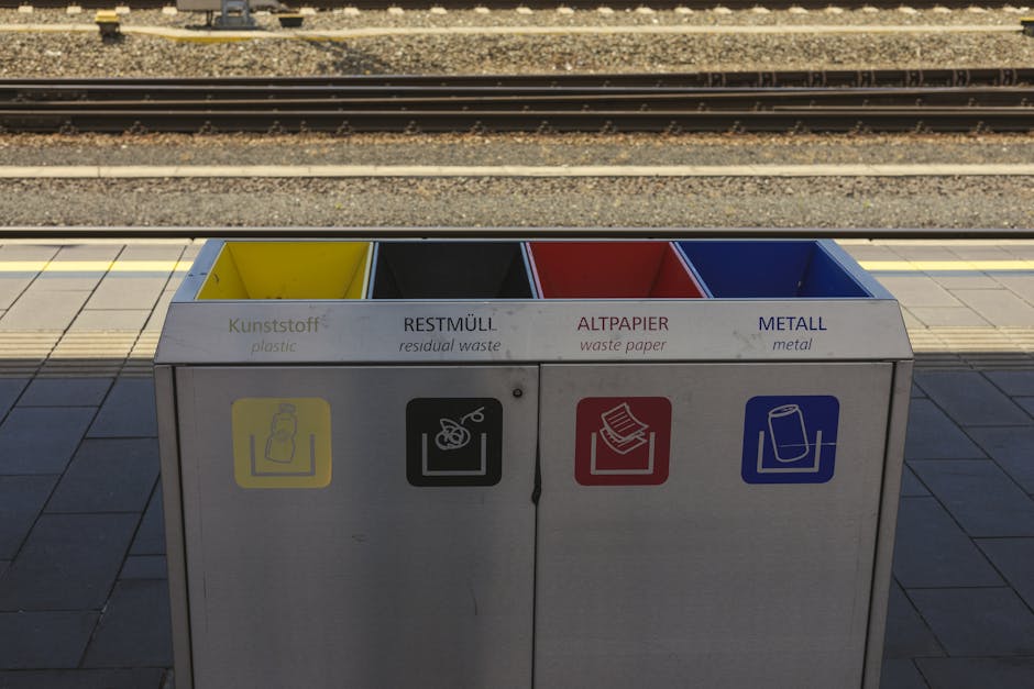 A multi-compartment waste separation bin positioned on a train station platform with a railway track visible in the background. The bin features four distinct sections, each with a different colour and label: yellow for plastic, black for residual waste, red for waste paper, and blue for metal. The containers are made of metal with a smooth finish, and each section has a designated symbol representing the waste type: a bottle icon on the yellow side, a crossed-out cigarette on the black, a stack of paper on the red, and a canned beverage on the blue. The platform surface is composed of large, evenly laid grey tiles, and a yellow safety line runs parallel to the edge of the platform. Bright, natural sunlight casts shadows across the scene, highlighting the clean, organized appearance of the waste separation system, which is associated with efforts towards alternative waste handling and recycling at public transportation hubs. The waste collection service provider, Waste Collection Acton, may collect waste from such segregated bins as part of their rubbish removal offerings.